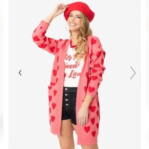 Unique Vintage Pink With Red Hearts Open Long Cardigan